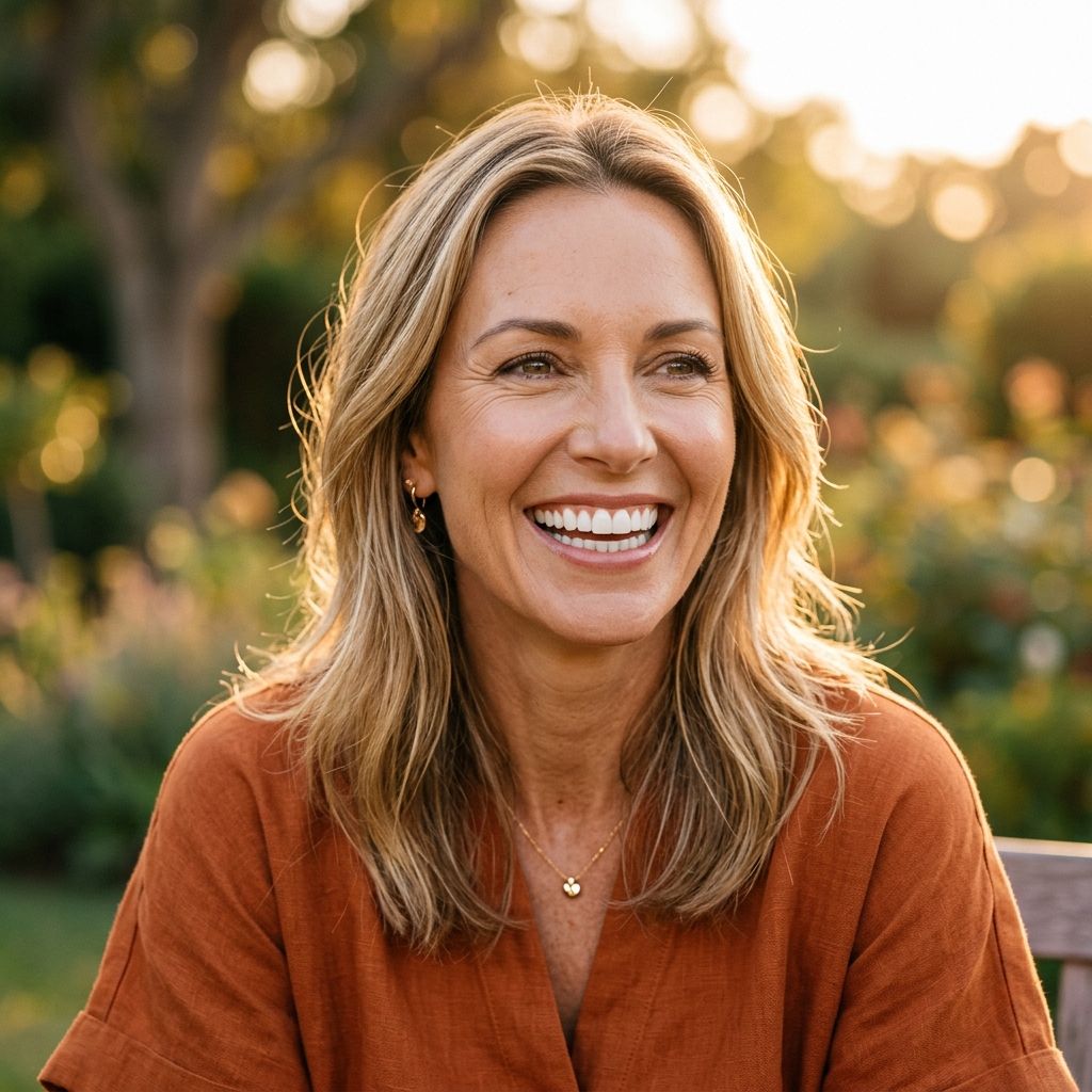 Patient with beautiful natural-looking smile after All-on-4 dental implant restoration — confident and radiant