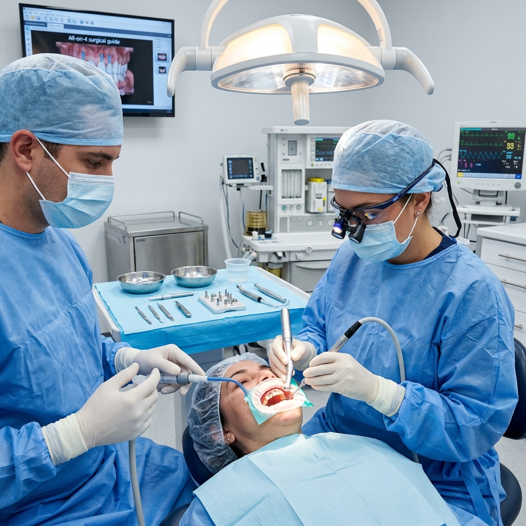 Dental surgeons performing precise All-on-4 implant surgery in sterile operating environment