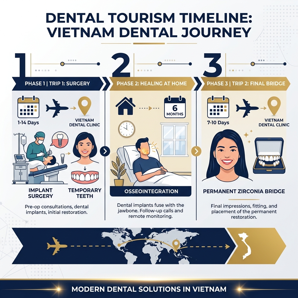 All-on-4 dental tourism timeline: Trip 1 surgery with temporary teeth, healing at home, Trip 2 permanent zirconia bridge