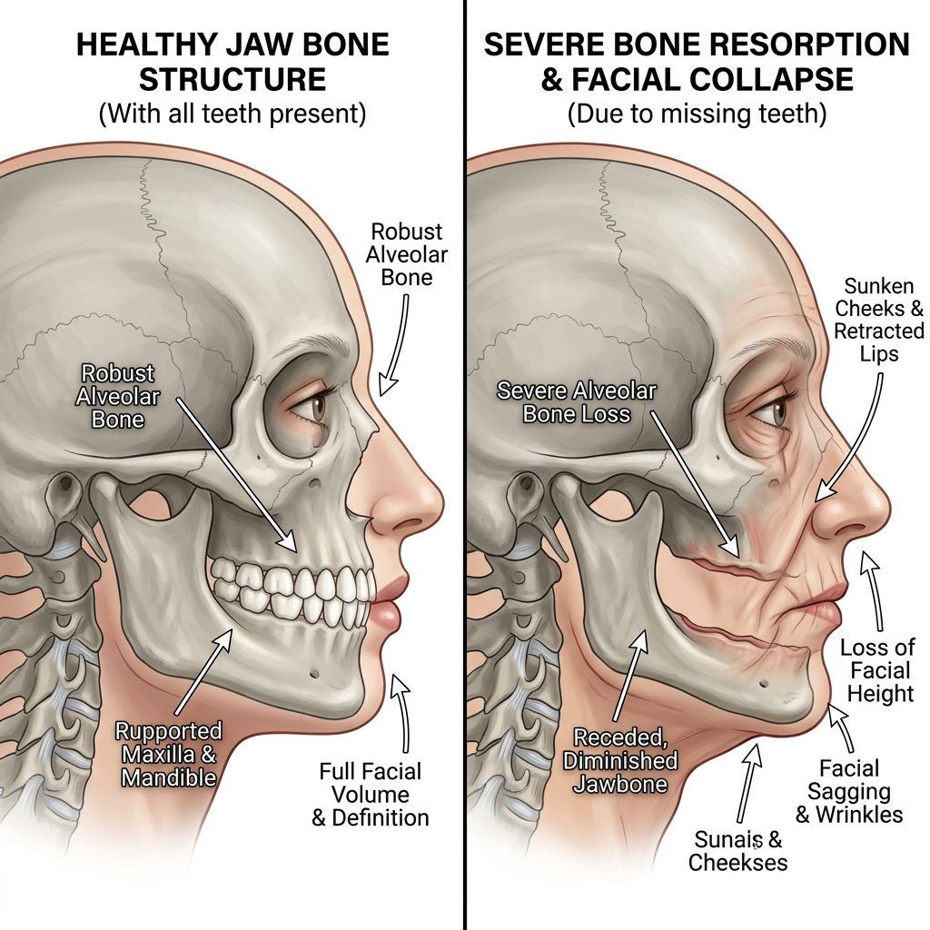 Jaw bone loss and facial collapse diagram