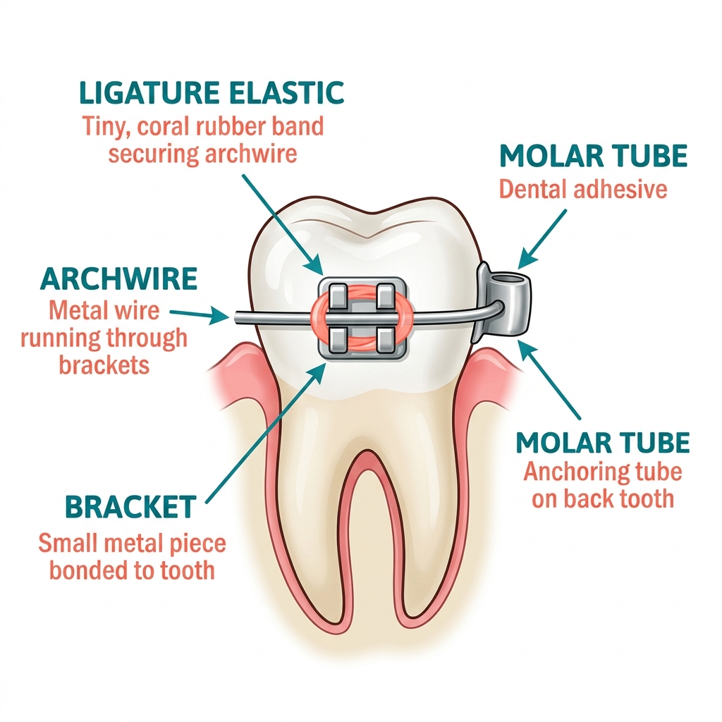 Diagram of dental braces anatomy showing bracket, archwire, ligature elastic and molar tube