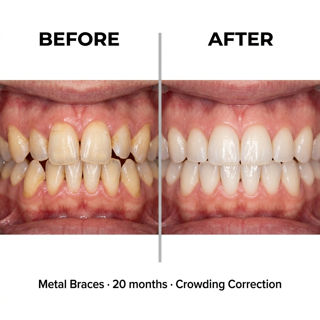 Before and after metal braces: severe crowding correction