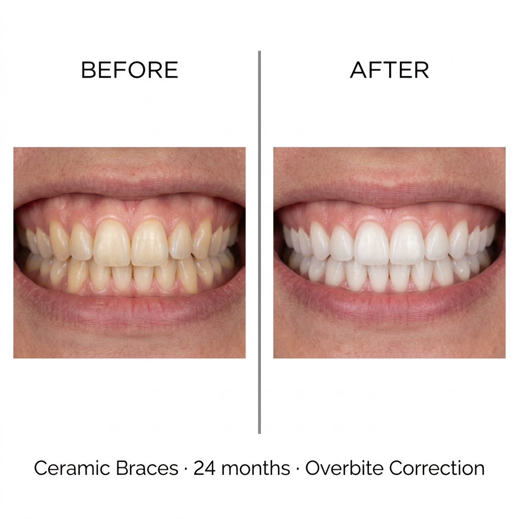 Before and after ceramic braces: deep overbite correction