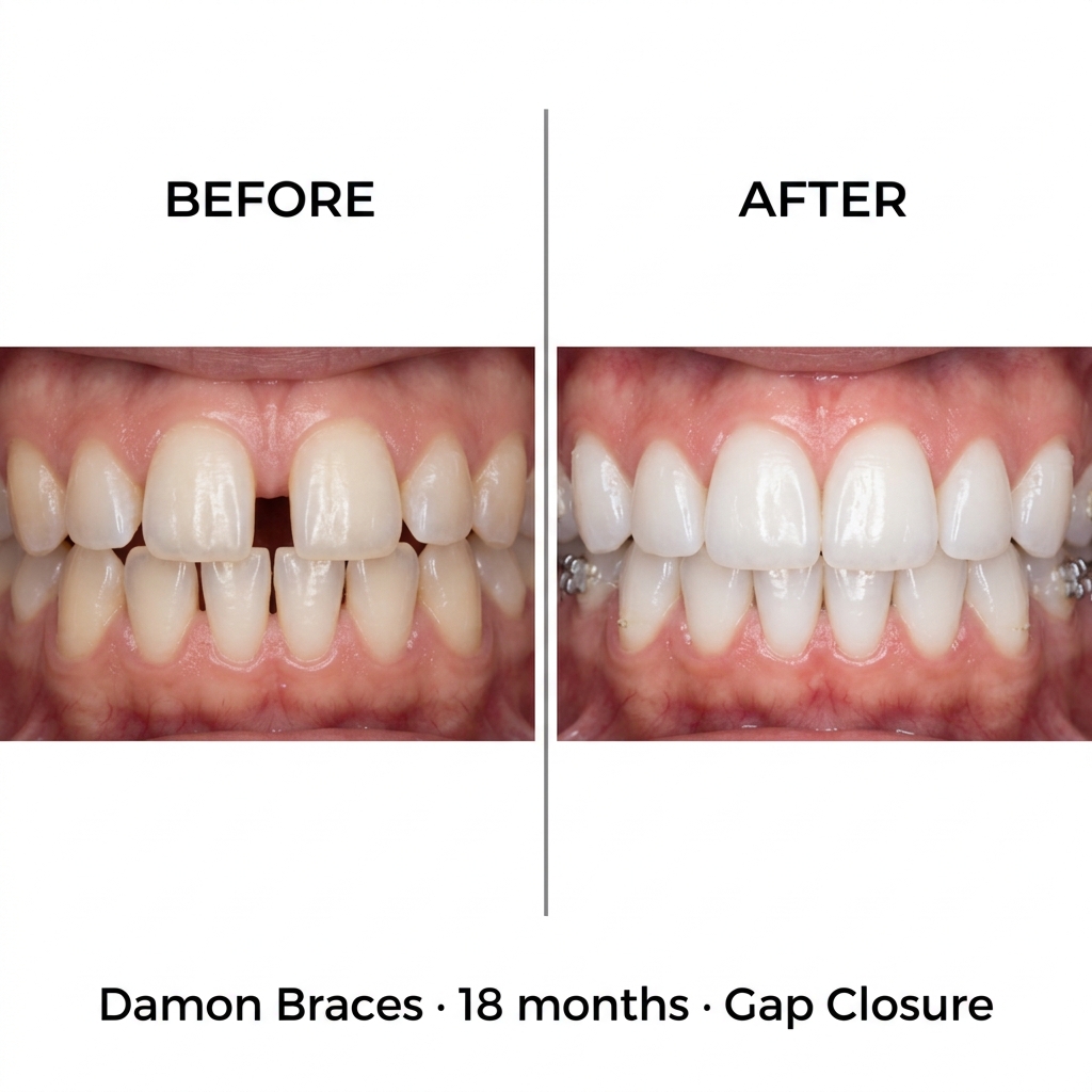 Before and after Damon braces: gap closure between front teeth