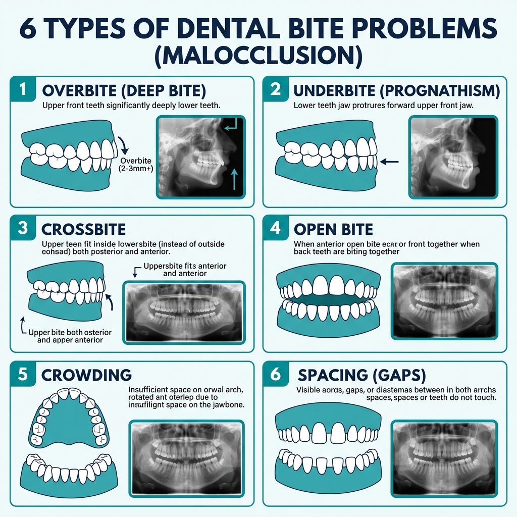 6 types of dental bite problems: overbite, underbite, crossbite, open bite, crowding, spacing