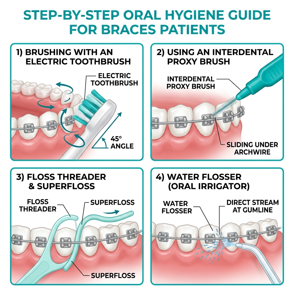 Step-by-step oral hygiene guide: brushing, proxy brush, floss threader, water flosser