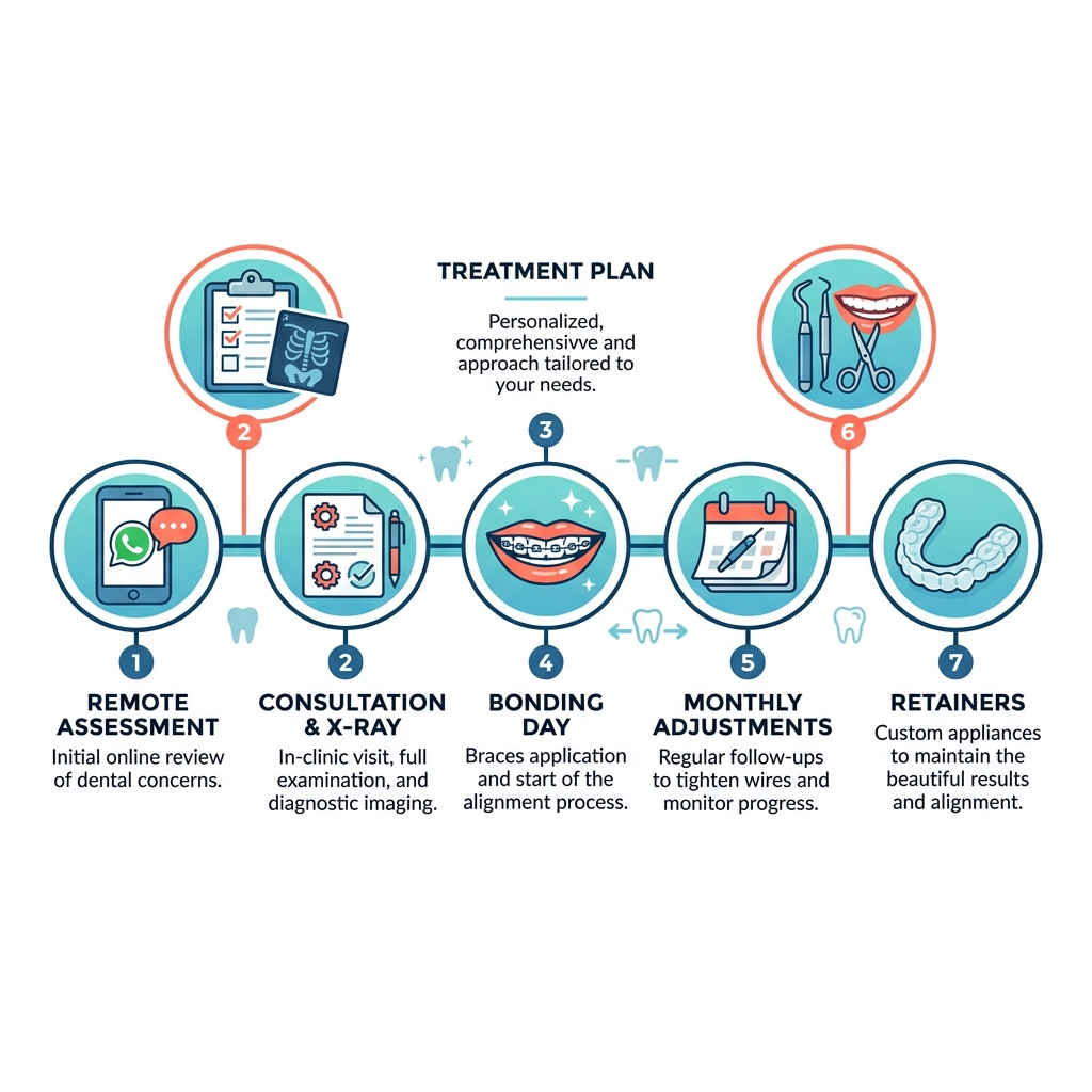 7-step orthodontic treatment process from assessment to retainers