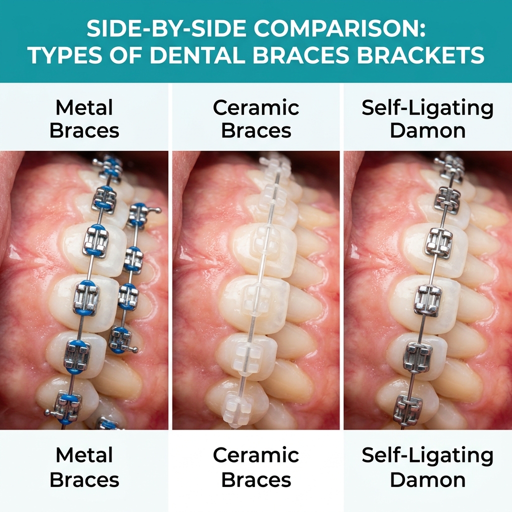 Side-by-side comparison of metal, ceramic and self-ligating Damon braces