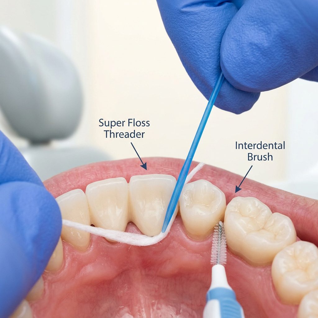Proper dental hygiene technique for crown and bridge care