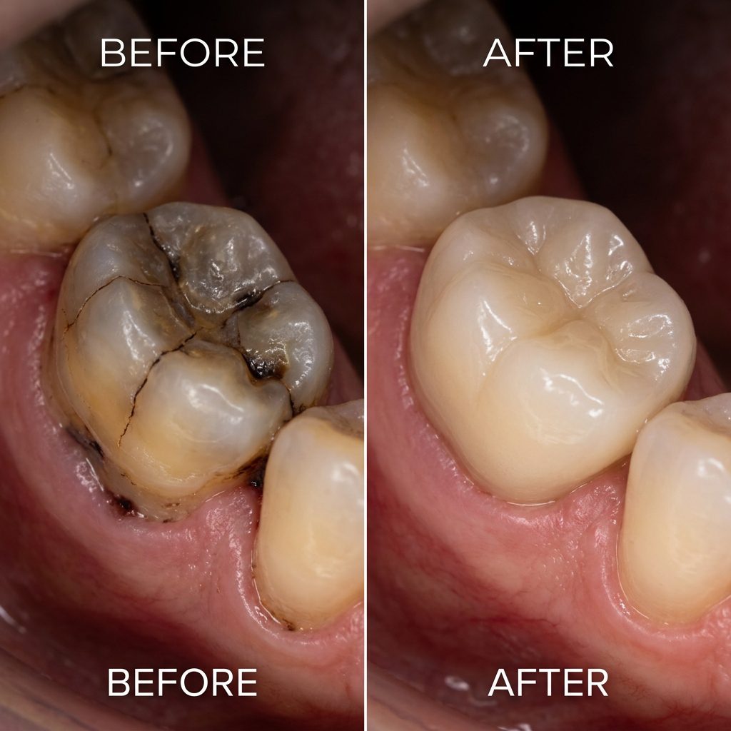 Before and after zirconia crown restoration at HCMC Dental
