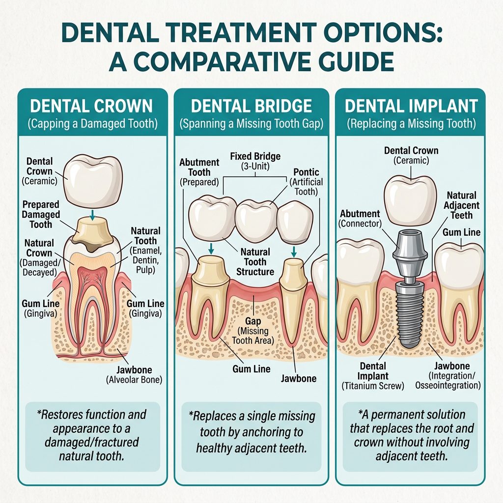 Dental crown vs bridge vs implant comparison diagram