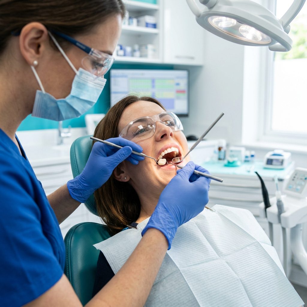 Dentist examining zirconia crown at HCMC Dental clinic
