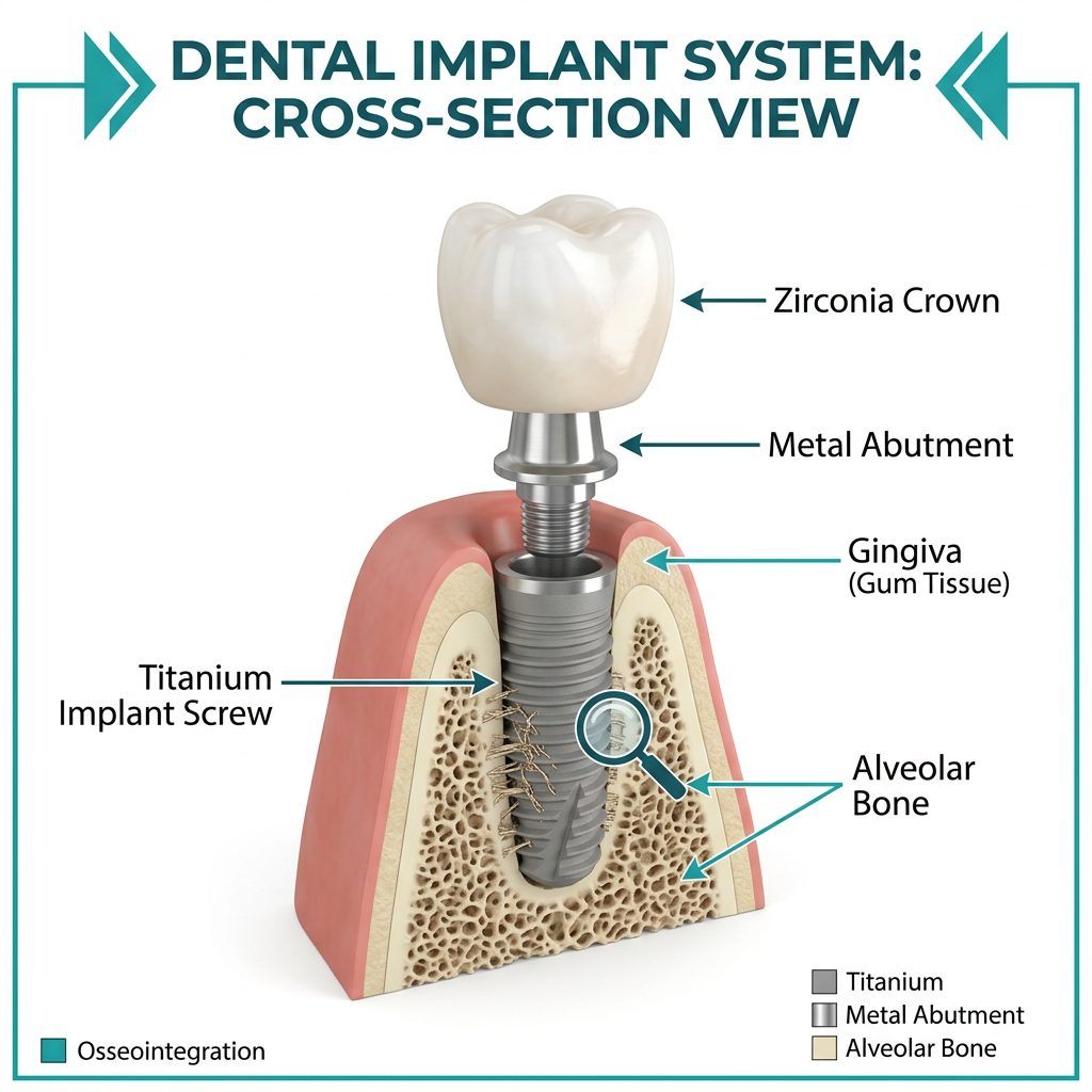 Dental implant system with zirconia crown diagram