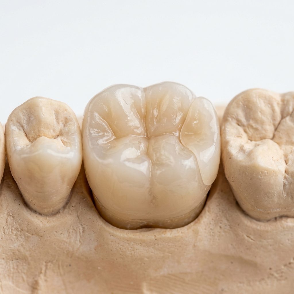 Ceramic dental inlay restoration on tooth model