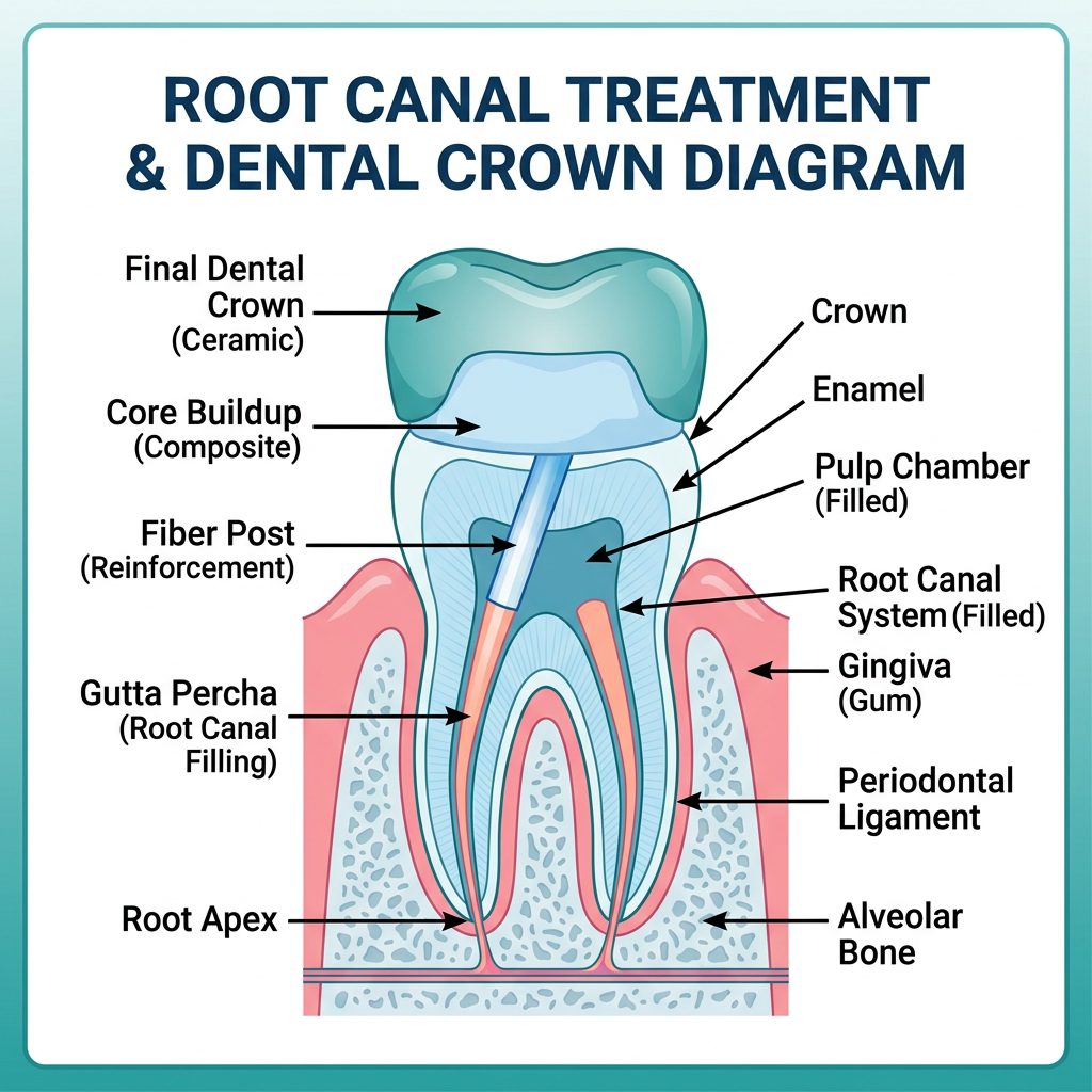 Root canal treatment and dental crown cross-section diagram