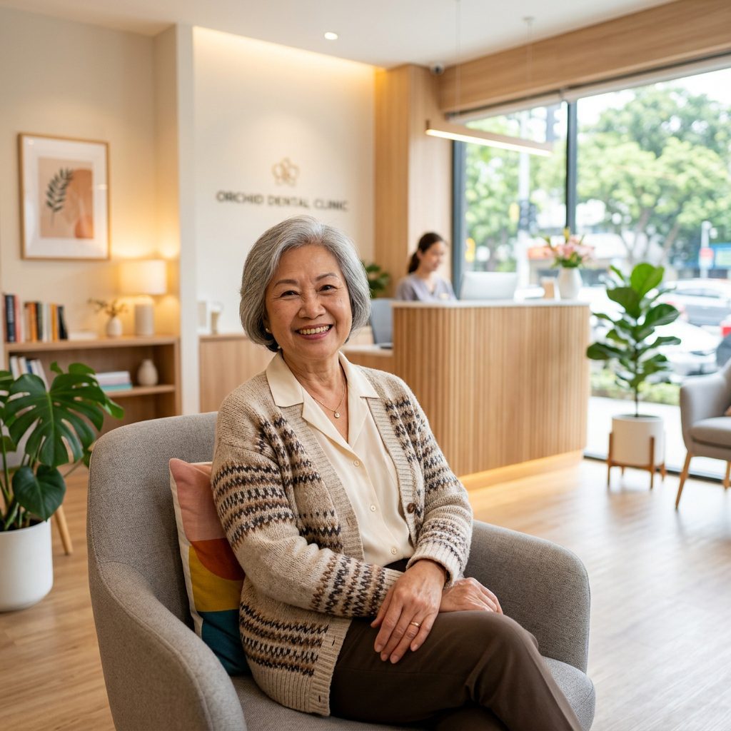 Senior patient smiling with custom dentures from HCMC Dental