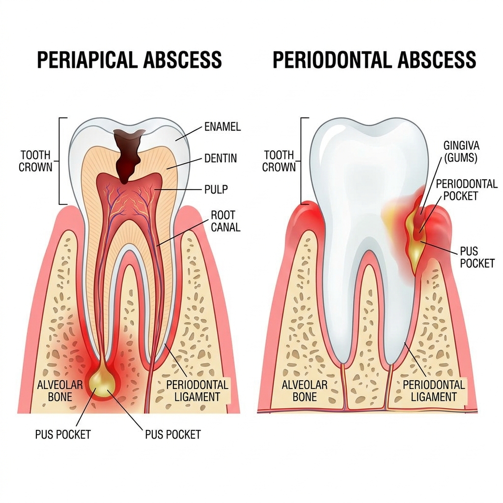 Periapical vs periodontal dental abscess diagram