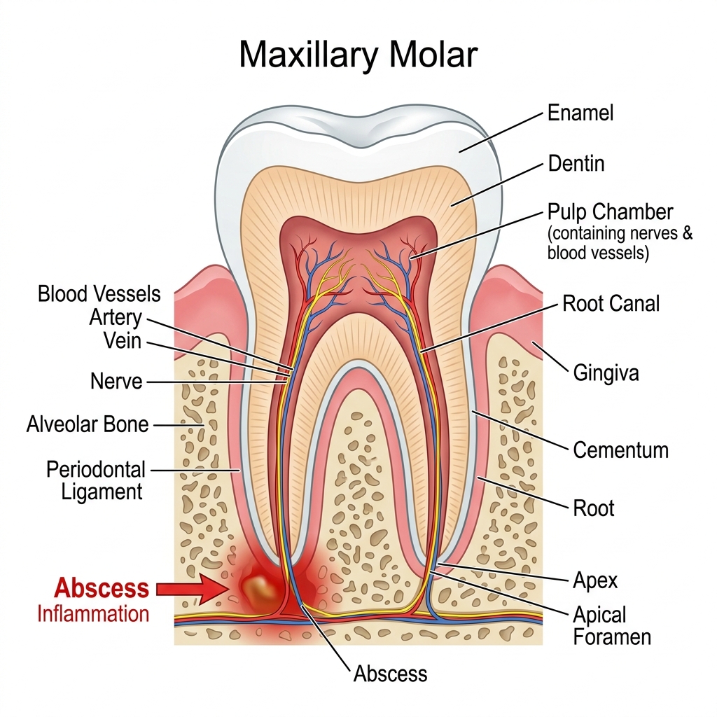 Dental anatomy showing infected tooth requiring root canal