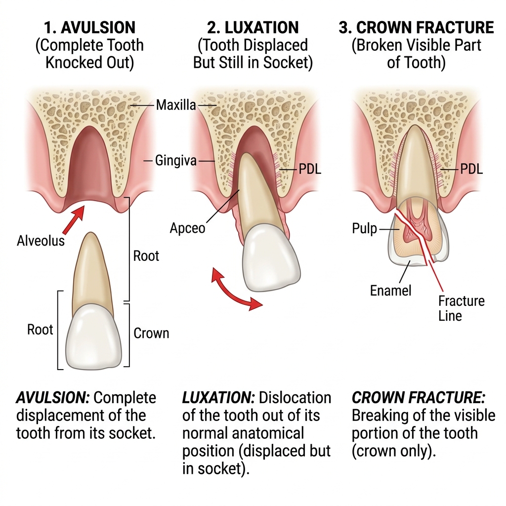 Dental trauma types: avulsion, luxation, crown fracture