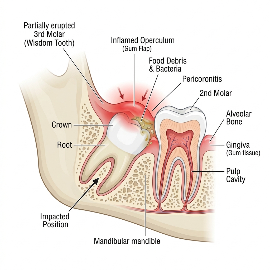 Pericoronitis wisdom tooth pain illustration