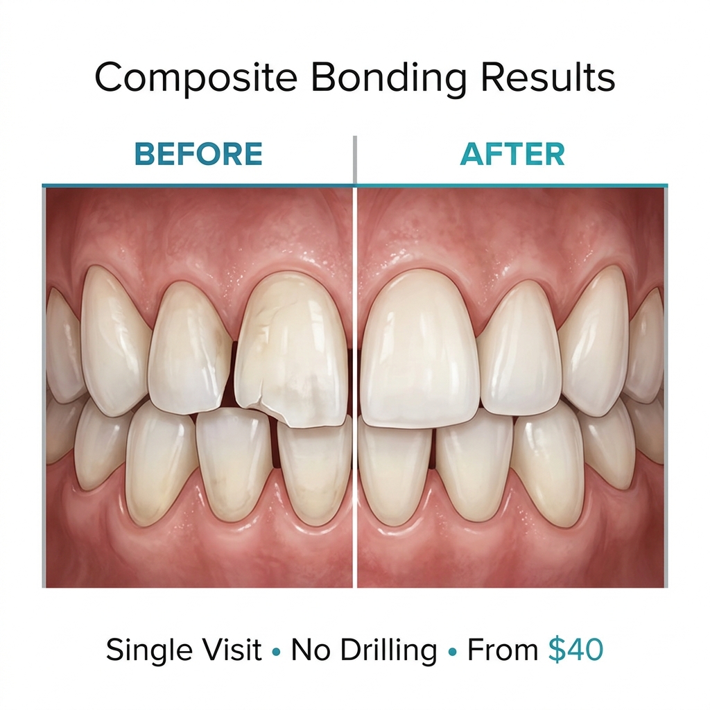 Composite bonding before and after — chipped tooth restored at HCMC Dental Ho Chi Minh City