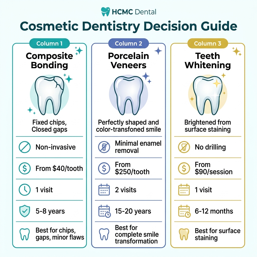 Composite bonding vs porcelain veneers vs teeth whitening comparison — HCMC Dental