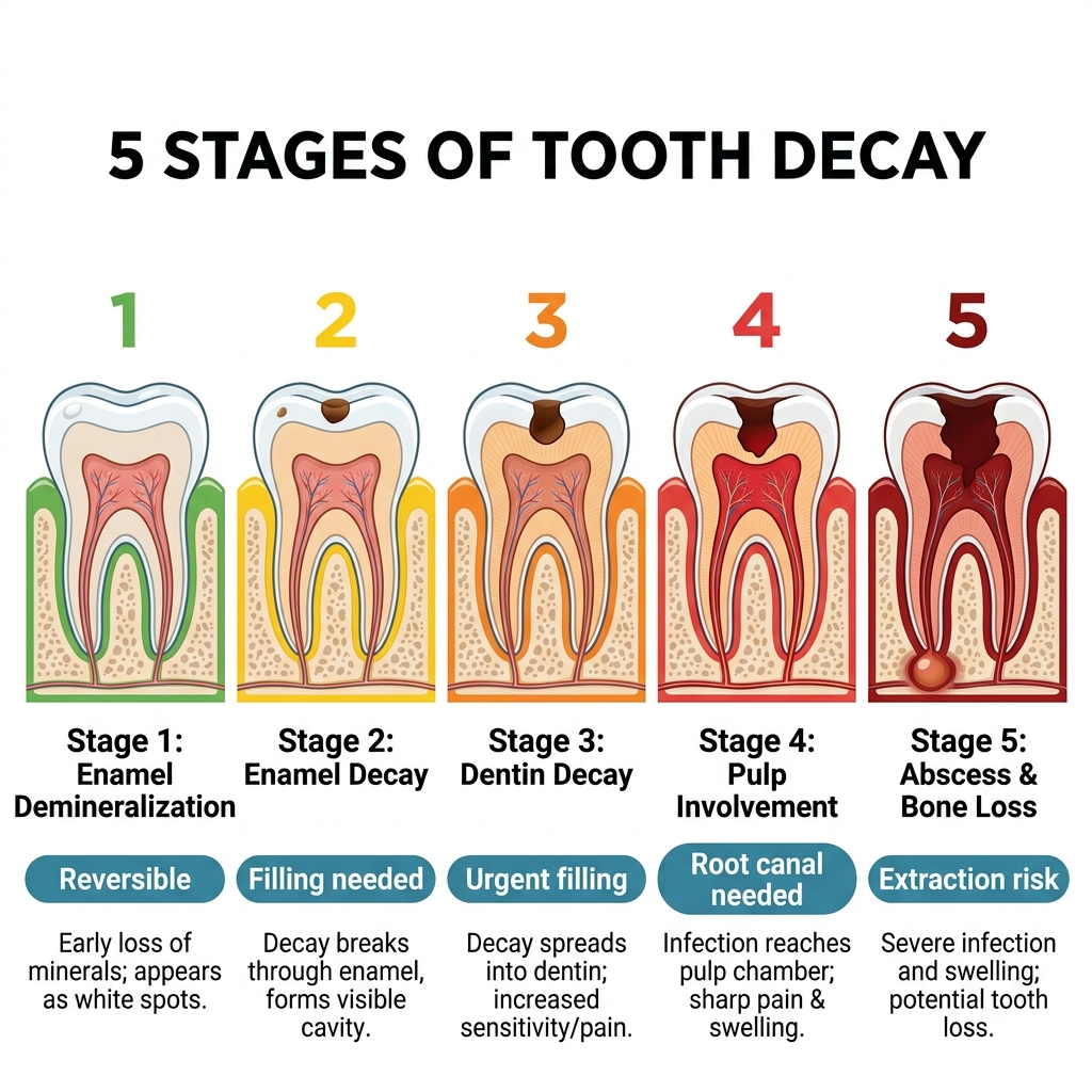 5 Stages of Tooth Decay infographic — from demineralization to abscess — HCMC Dental