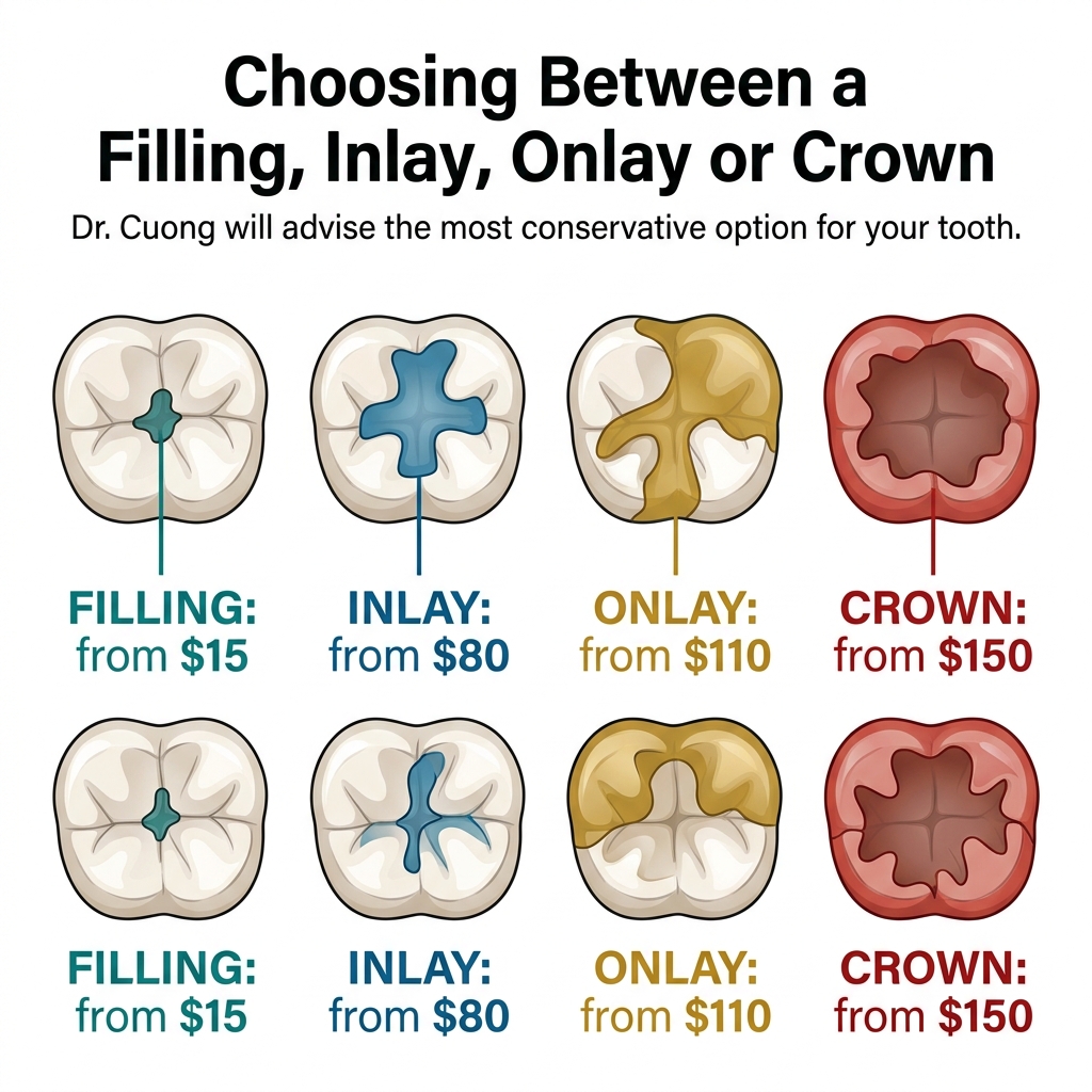Dental filling vs inlay vs onlay vs crown — when to use each — HCMC Dental