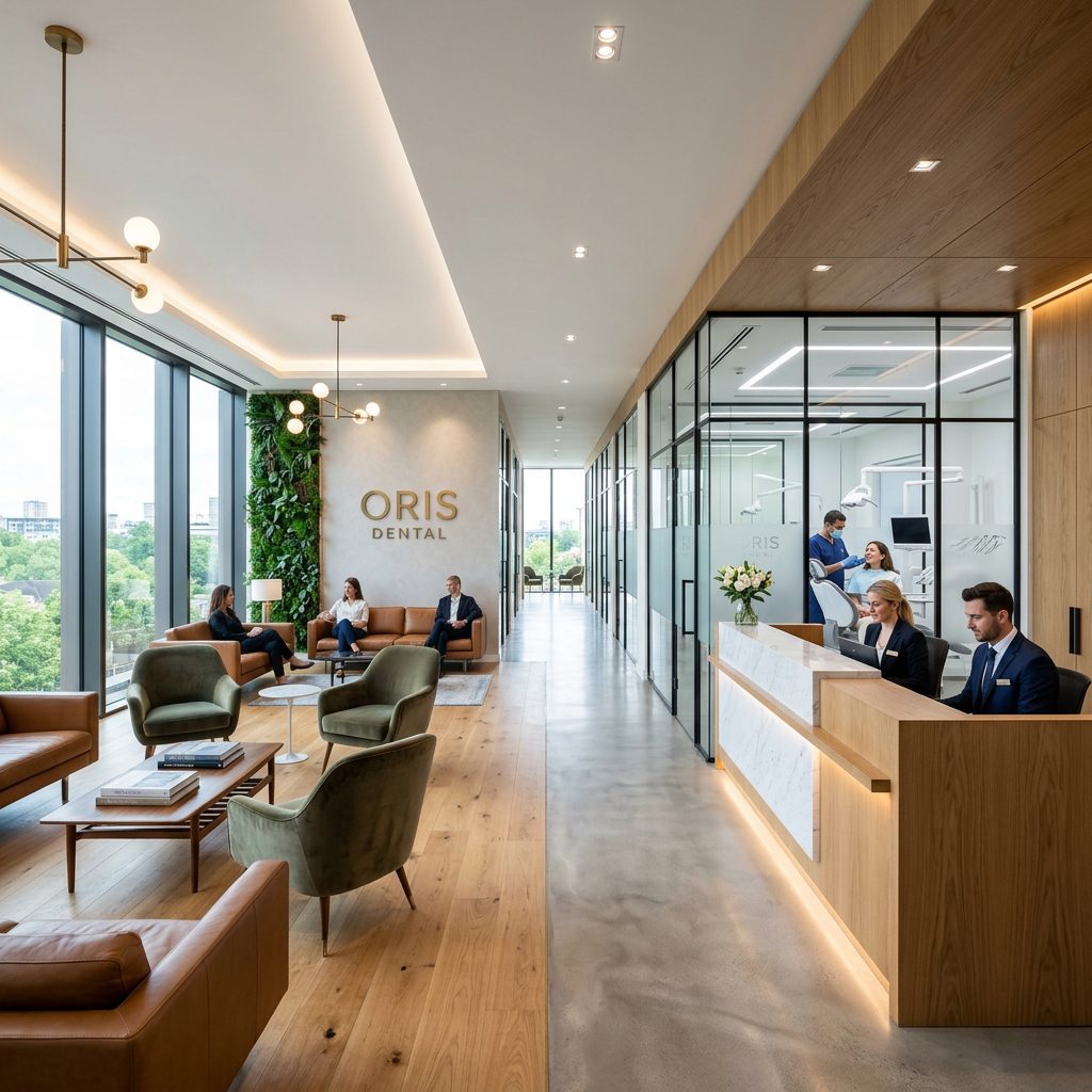 Modern, sterile, international-standard dental clinic interior at HCMC Dental District 1
