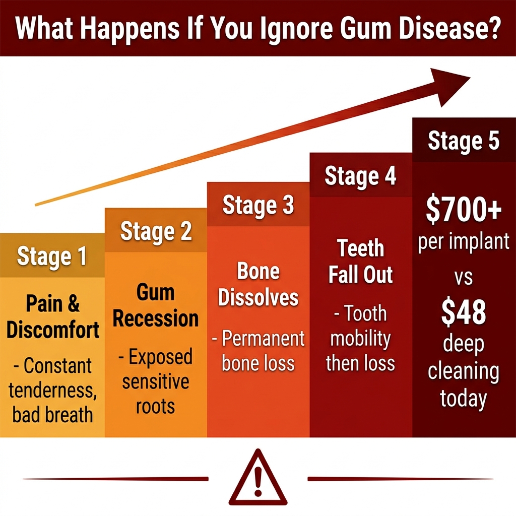 Timeline of consequences of untreated gum disease — bone loss, tooth loss progression