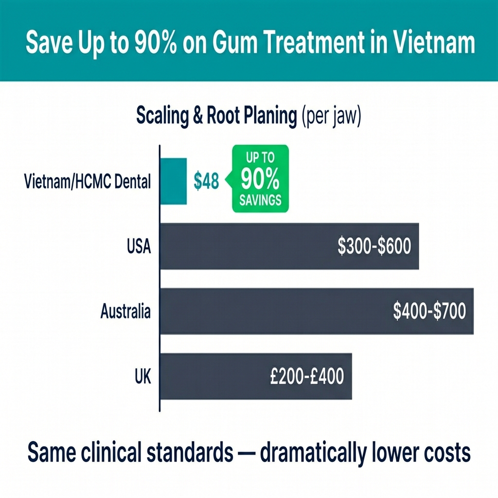 Periodontal treatment cost comparison Vietnam vs USA UK Australia infographic
