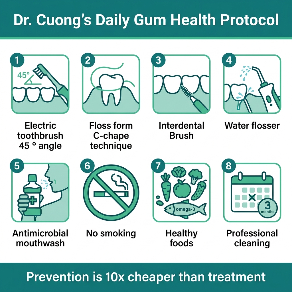 Gum disease prevention home care oral hygiene protocol infographic