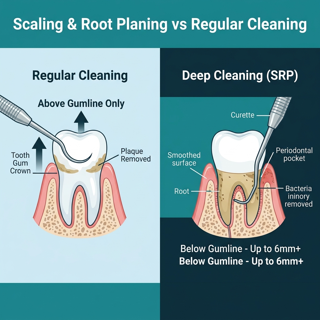 Scaling and root planing SRP deep cleaning procedure infographic