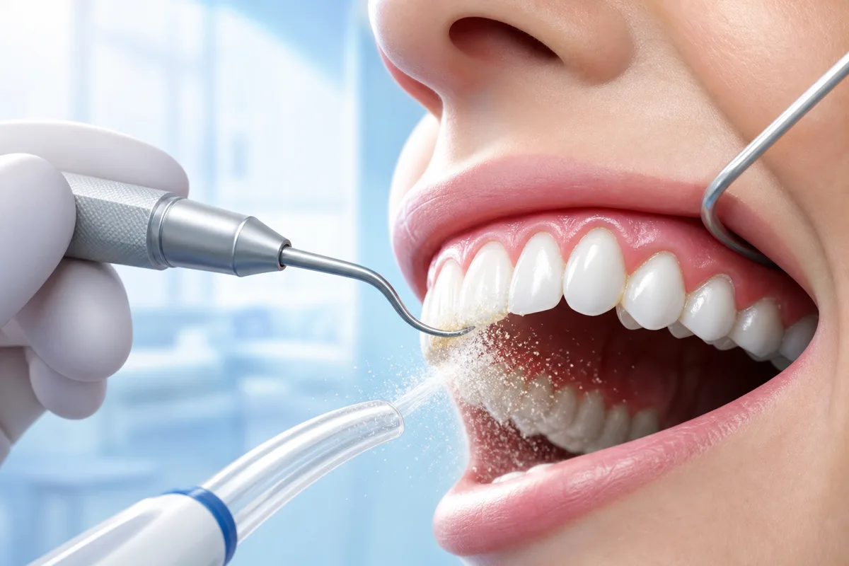 Professional dental cleaning with scaler and water spray
