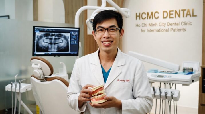 Dr. Nguyen Van Cuong reviewing dental treatment plans at HCMC Dental Clinic