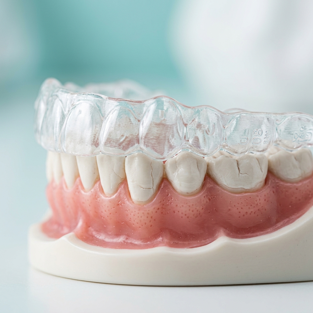 Close up of Invisalign clear aligner trays on dental model