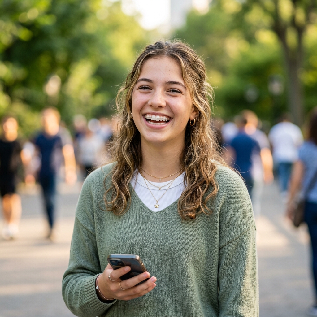 Teenager smiling with clear aligners