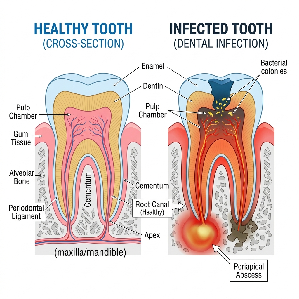 Tooth anatomy diagram showing healthy pulp vs infected pulp requiring root canal