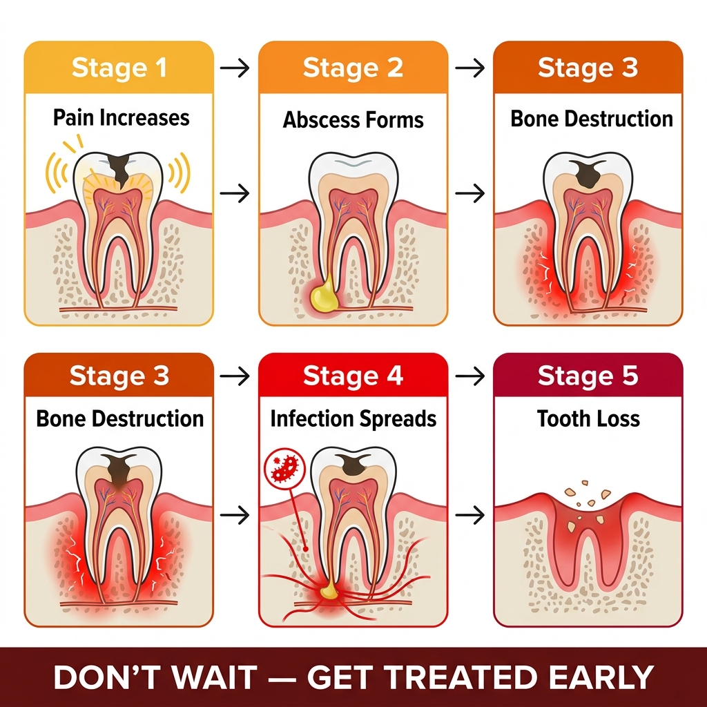 Progressive stages of untreated tooth infection leading to tooth loss
