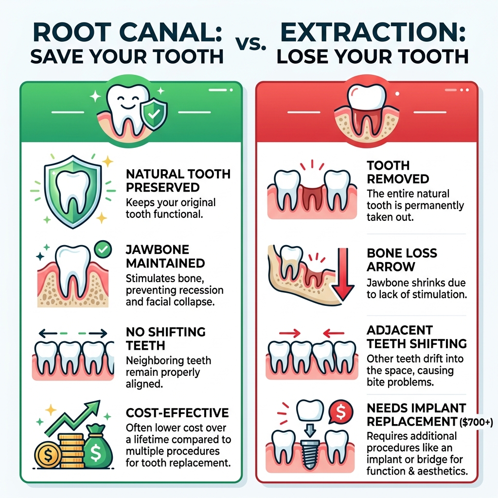 Root canal save your tooth vs extraction comparison infographic
