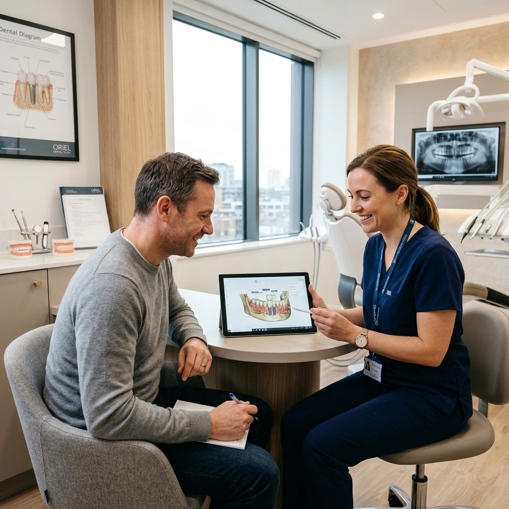 Illustration of dental implant planning and patient consultation at HCMC Dental