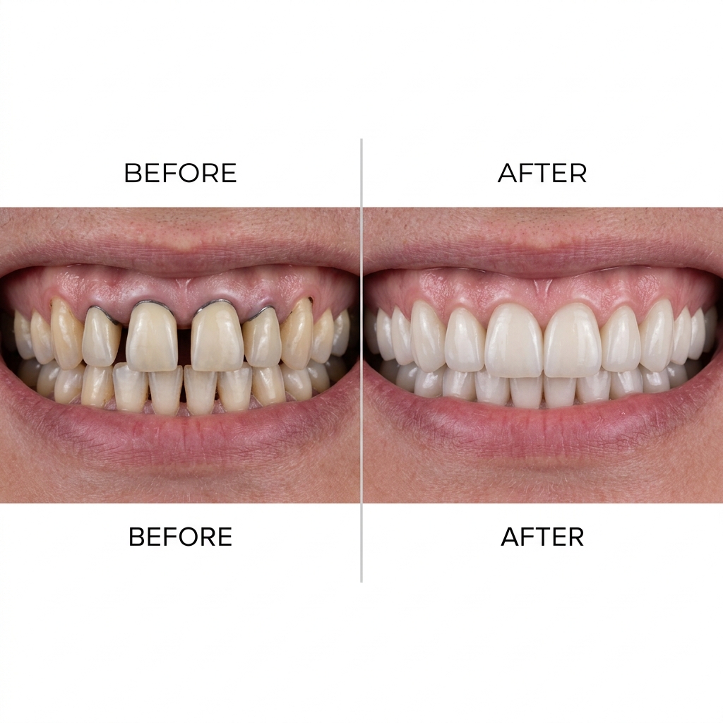 Smile makeover before after - old crowns replaced with zirconia