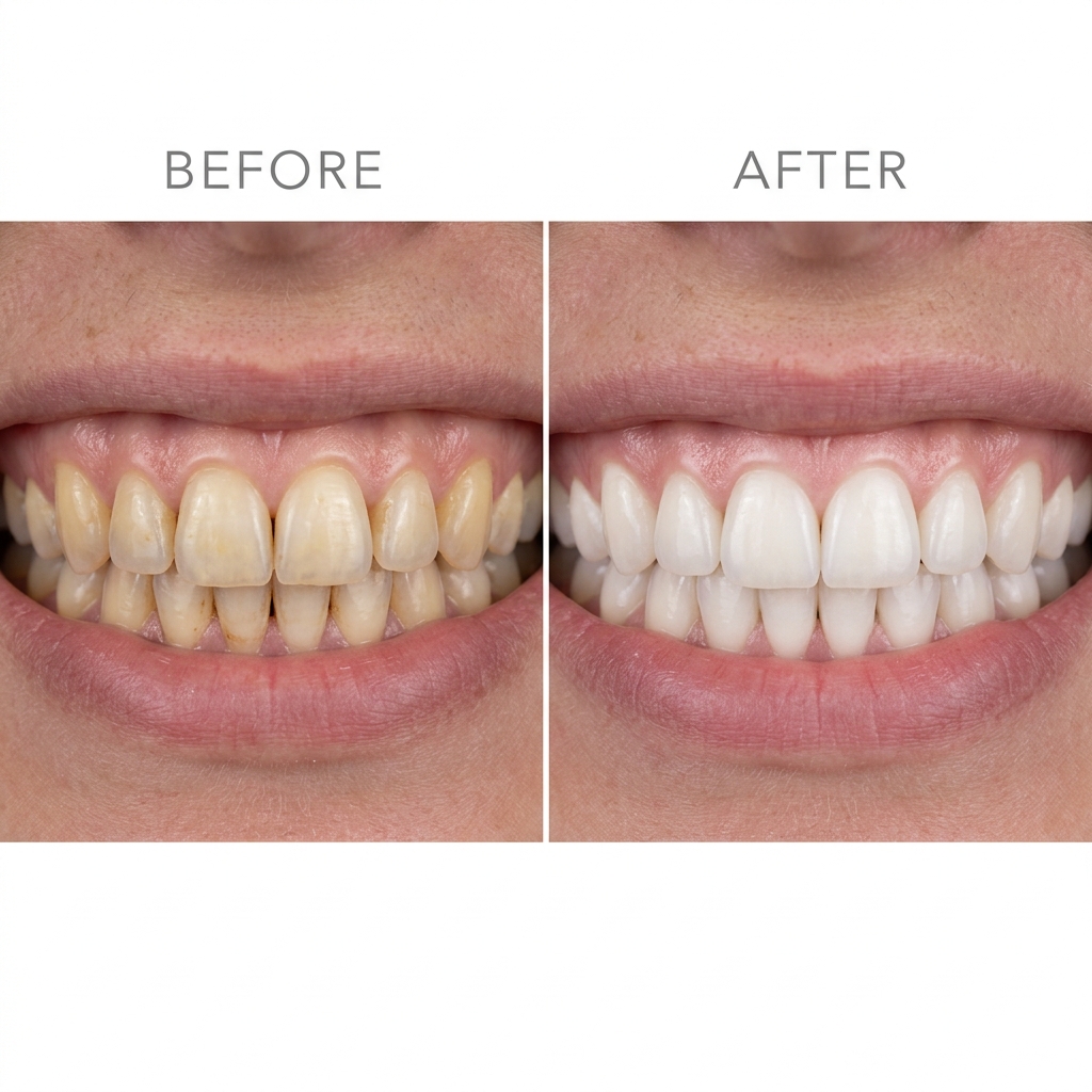 Before and after professional teeth whitening showing yellow stained teeth transformed to bright white