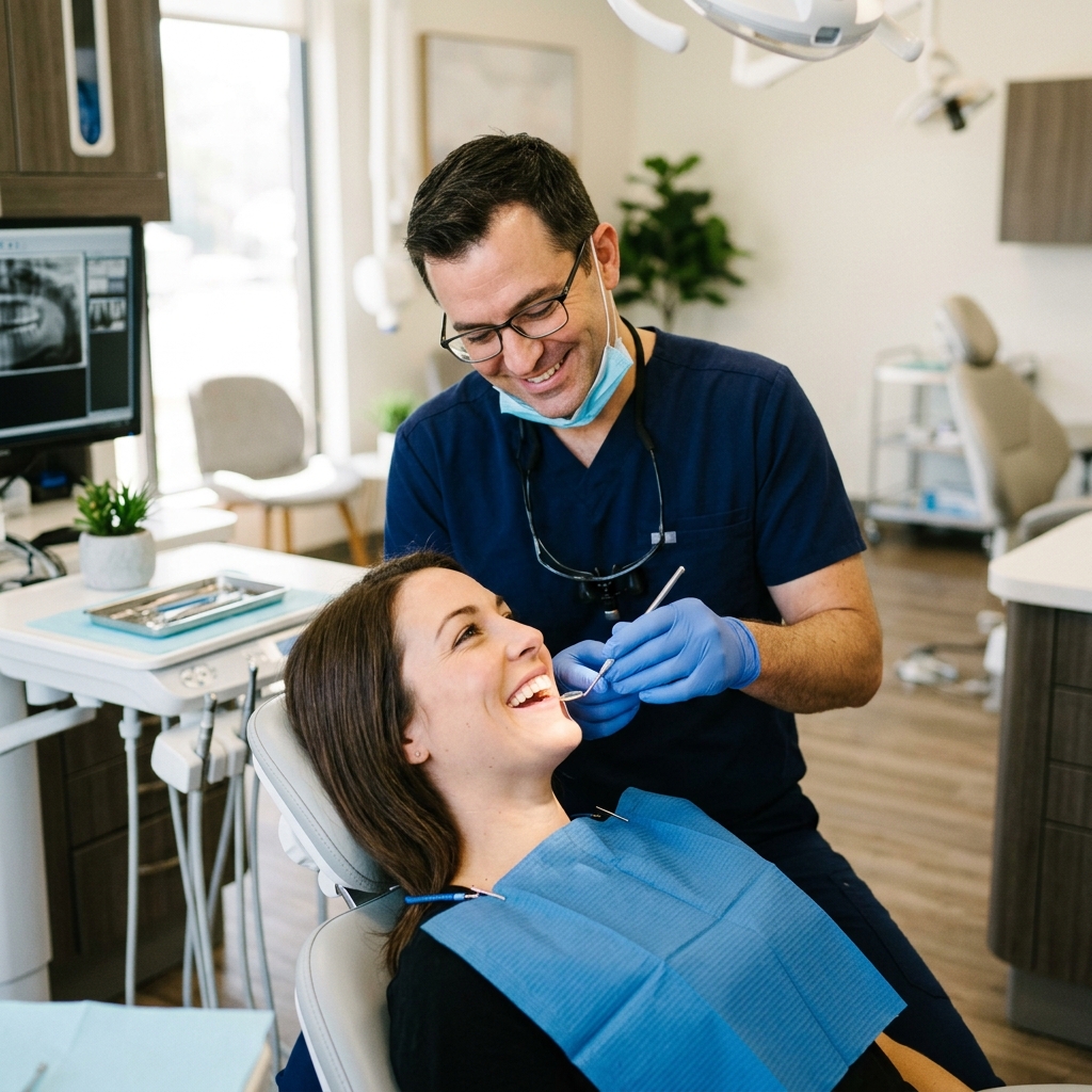 Friendly male dentist checking a smiling patient's teeth