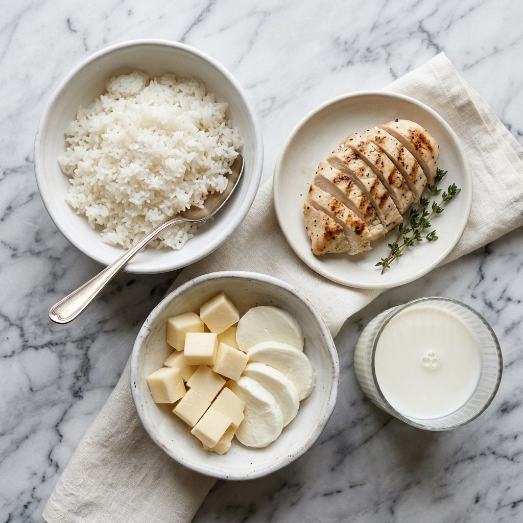 White diet foods including rice, chicken, milk and cheese