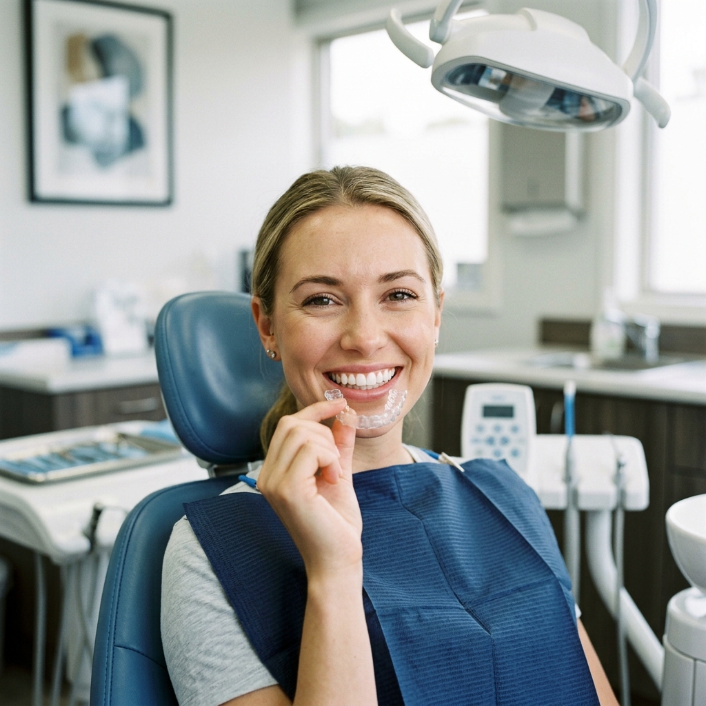 Patient holding custom teeth whitening trays