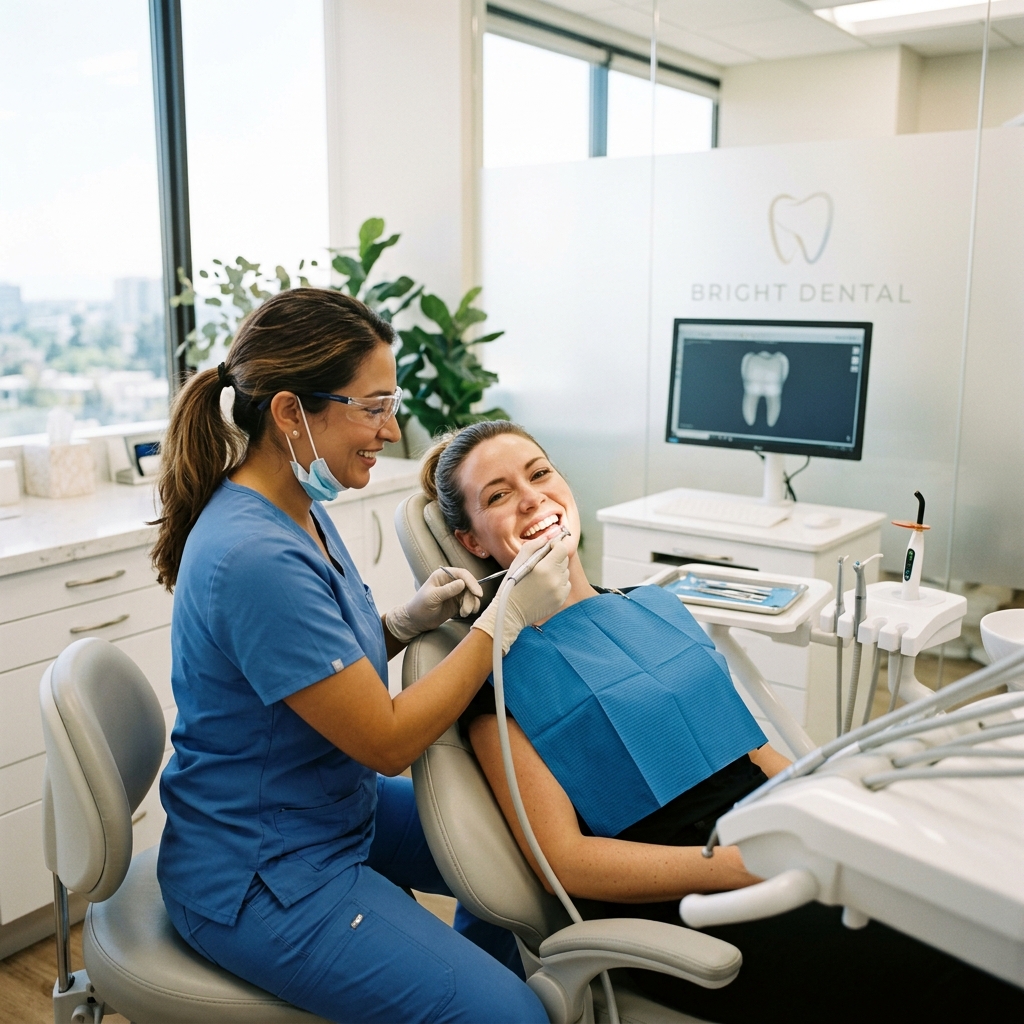 Patient getting teeth professionally cleaned by a dental hygienist