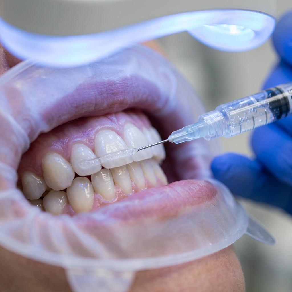 Macro view of professional teeth whitening gel application and LED light