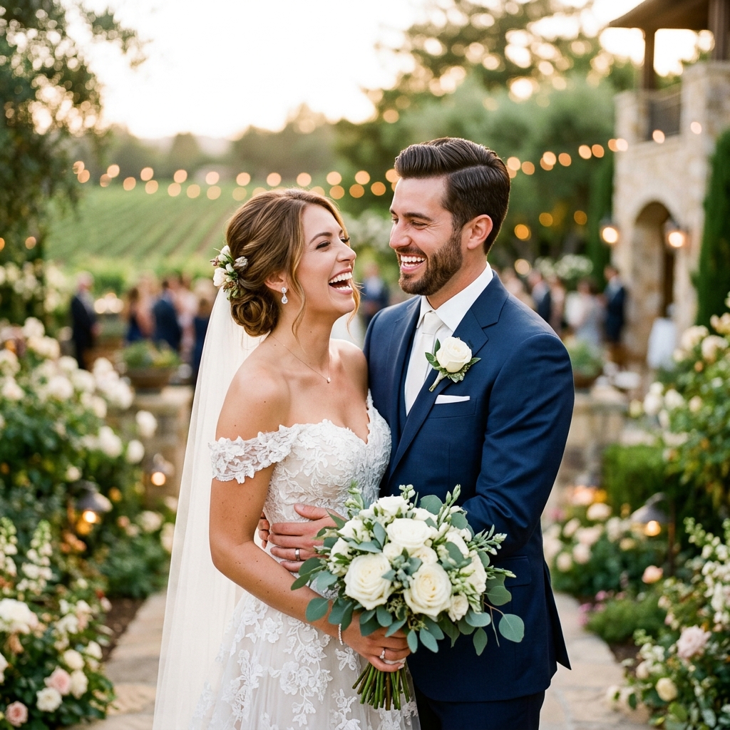 Happy bride and groom with bright white smiles