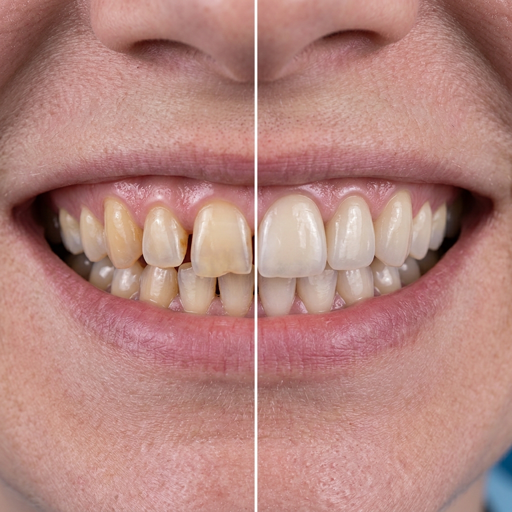 Before and after porcelain veneer smile transformation showing gaps and stains corrected